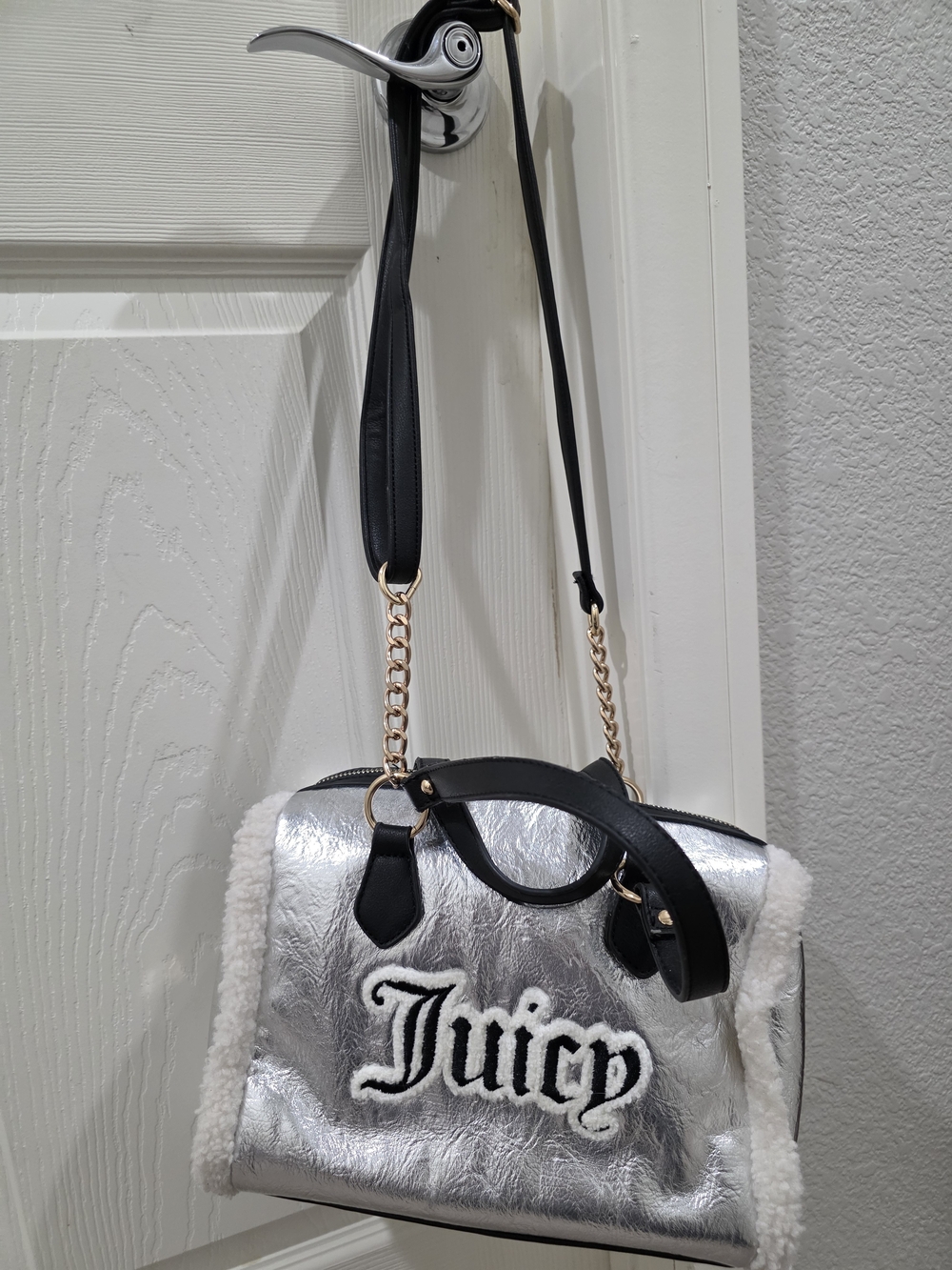 Juicy Couture Silver Shearling-Trim Satchel Bag